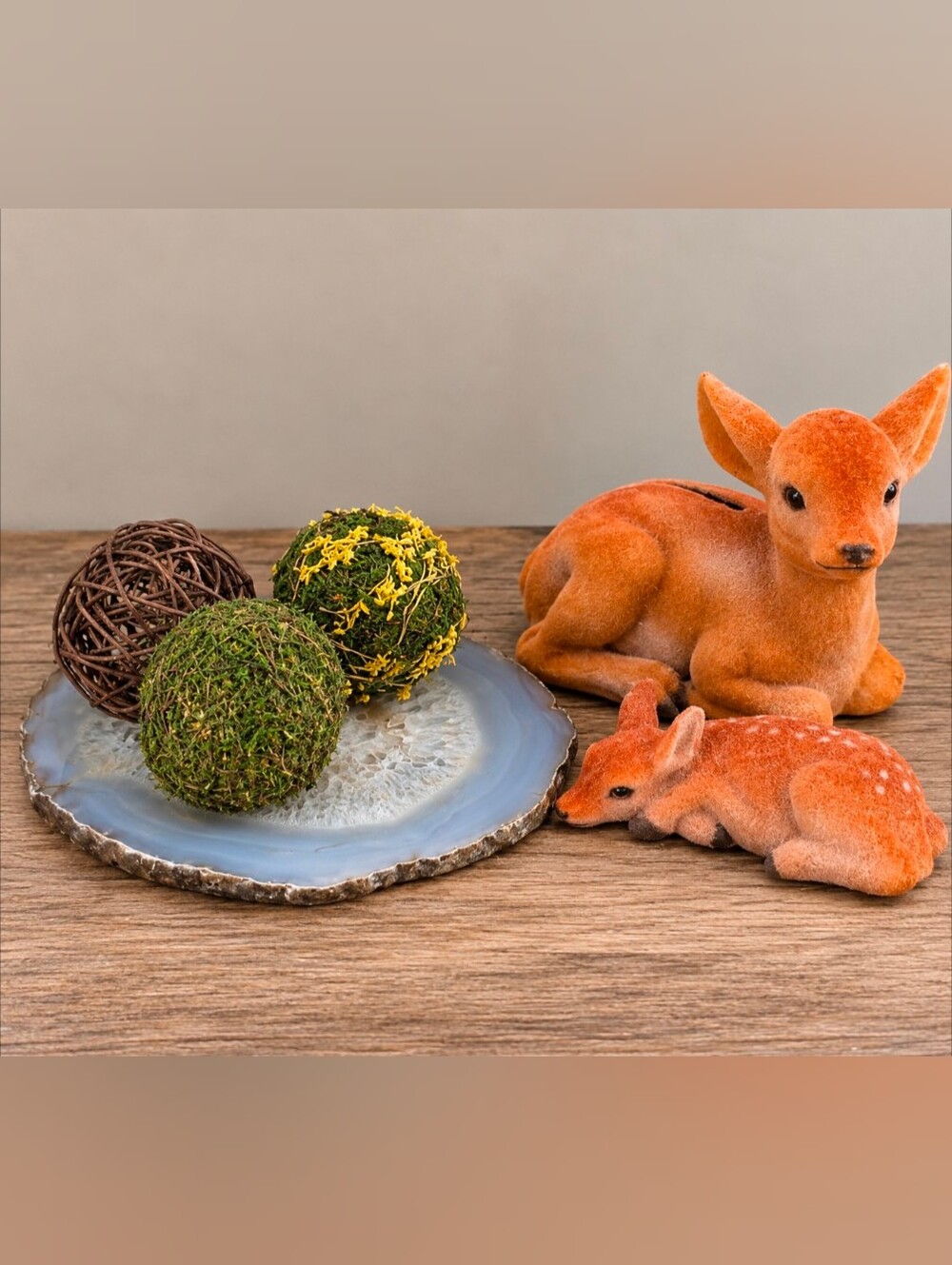 Vintage Style Flocked Deer Bank | Fawn | Large Agate Slice | Natural Orbs